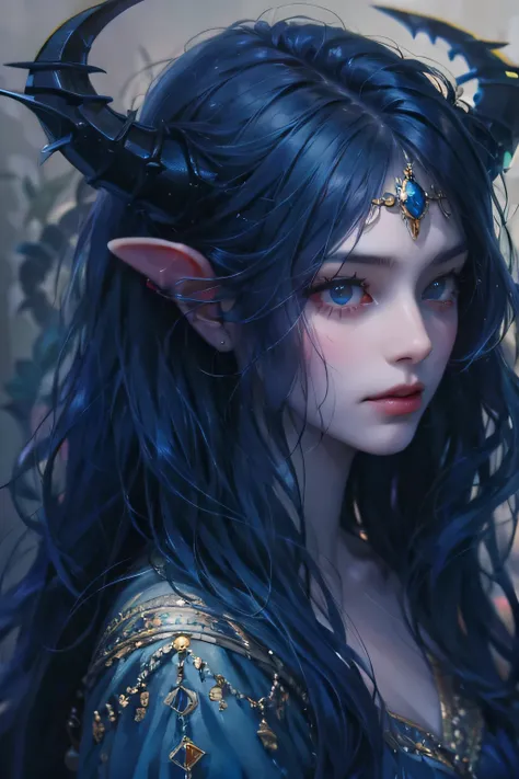 A portrait of a young demon woman with angelic beauty, portrait style. Long, midnight blue hair. Innocent but solemn vibe. Doe eyes. Ancient portrait of a good-soul demon woman. She has little horns that hint at her demonic nature.