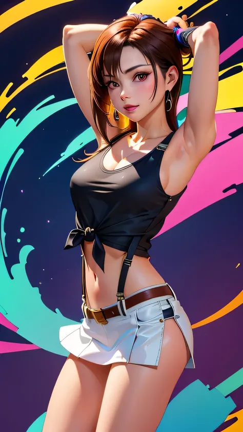 ( Tifa Lockhart), (Best Quality, masterpiece, colorful, Highest detail) Upper body photo,  cute fashion pictures ( Tifa Lockhart),   long brown hair , Deep auburn eyes, Long, straight, tied hair, Tied at the end, Her hair is half covering her right eye.  S...