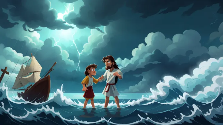 Create a cartoon image of Jesus and Peter on a stormy day, standing a distance apart on the water. Jesus is depicted in a glowing white robe, with a calm and reassuring expression, extending his hand towards Peter. The sky is dark and turbulent, with heavy...