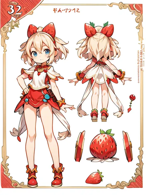 vibrant strawberry girl, cartoon wakfu style, character sheet, character design, concept art, detailed, best quality, white background, 32k uhd