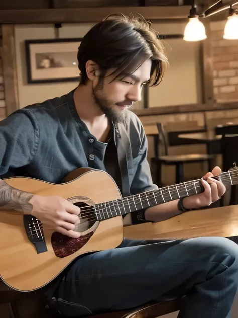 a man playing an acoustic guitar in a casual cafe, warm lighting, relaxed atmosphere, audience listening quietly, man wearing casual shirt and jeans, acoustic guitar, cafe, warm lighting, relaxed, audience, casual, shirt, jeans, wooden guitar, mellow, inti...