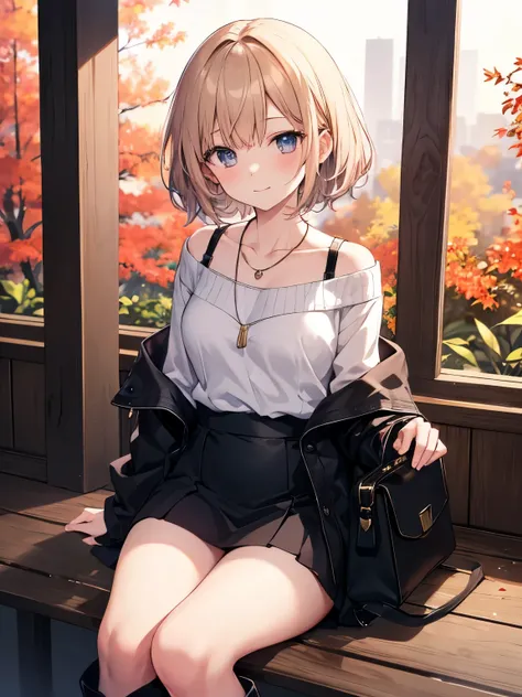 {Character: A cute yet mature anime-style girl with an air of quiet elegance and a gentle smile. Her hairstyle is straight and well-kept, maybe a medium-length cut with a soft fringe framing her face. She’s wearing a cozy, off-shoulder sweater in soft past...