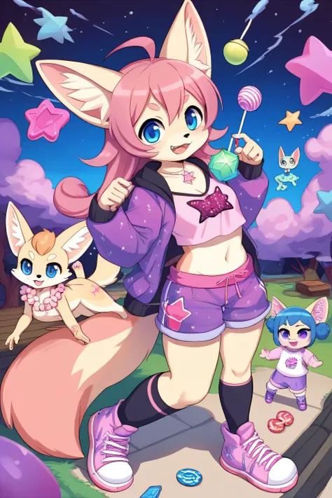 score_9,score_8_up,score_7_up, cartoon font, furry font, anthropomorphic, countershading, fennec girl, pink hair with candy, bright blue eyes,((very kawaii clothes, fluorescent necklace, kawaii shoes)) on a starry night,