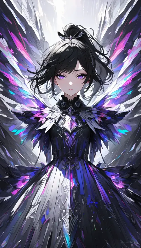 (masterpiece),(absurdres),(ultra detailed),(8K),(beautiful detailed),solo lady,(23-year-old),shiny black hair,shiny purple eyes,short highponytail,(1white ribbon;1.1),(middle breast:0.7),(Gothic dress:1.1),half-closed eyes,closed mouth,glitch wings,glitch ...