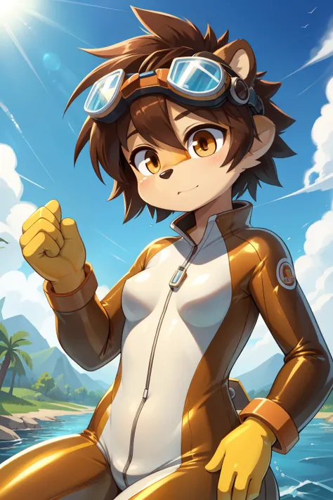 score_9,score_8_up,score_7_up, source_cartoon, source_furry, furry girl, otter, small breasts, dark brown hair, mohawk hair, messy hair, amber eyes, two tone body fur, clear brown fur, beige body fur, ((diver suit, diving goggles)), detailed body fur, deta...