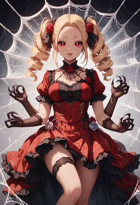 spider girl. lady. twin drill hair. blonde hair. red eyes. horror eyes. black and red dress. frills. dark fantasy. multiple arms...