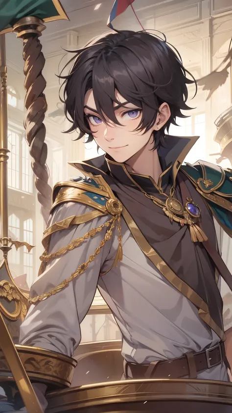 dark-haired male boy, with amethyst eyes , shy smile,  loose-fitting medieval prince's clothes, gilded laments, on the bow of a ...