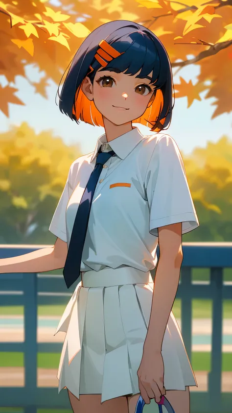  girl、solo、Tennis Attraction 、 white polo shirt、 white sneakers、 white miniskirt 、 dark blue hair 、 bob cut from the front、 jet black brown eyes 、 tie your hair with orange hair clips、smile、 lower body close-up 、 small breasts、Outside the house、Autumn Tree...