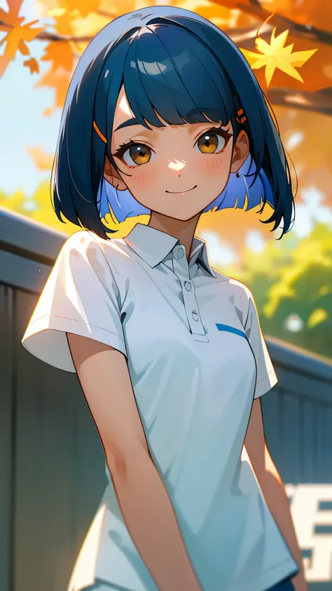  girl、solo、Tennis Attraction 、 white polo shirt、 white sneakers、 white miniskirt 、 dark blue hair 、 bob cut from the front、 jet black brown eyes 、 tie your hair with orange hair clips、smile、 lower body close-up 、 small breasts、Outside the house、Autumn Tree...