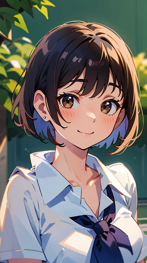  girl、solo、Tennis Attraction 、 white polo shirt、 white sneakers、 white miniskirt 、 dark blue hair 、 bob cut from the front、 jet black brown eyes 、 tie your hair with orange hair clips、smile、 lower body close-up 、 small breasts、Outside the house、Autumn Tree...