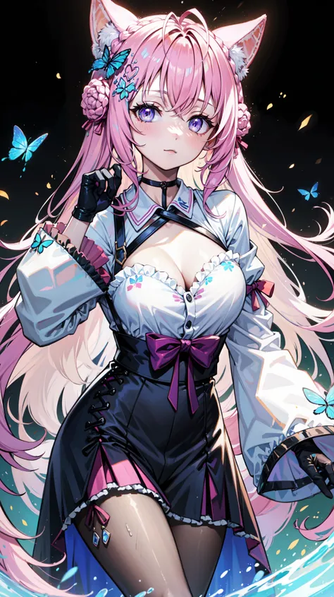 alone , pink hair , pale , Butterfly, purple eyes , Butterfly装饰 的女人, black gloves , Modern Outfits,shirt,Assistant costume ,Gel coat,, with black decorations on it , An impact , Golden ribbon, decorated with dark blue flowers...