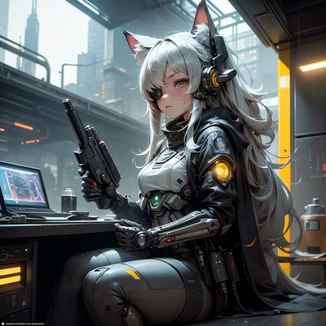 (Catuna Girl , a Catuna girl :Automaton ), lolita girl, (best quality), highly detailed,  ultra-detailed , (mechanicalasas:golden, glowing eyes : yellow, goldenrarmor:1.2, hairy ears:0.8),(cyberpunkcity:1.5,  holding a stun blaster , biological),(Futuristi...