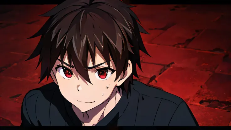 teenage boy   , brown hair ,red eyes , evil face ,black sweatshirt