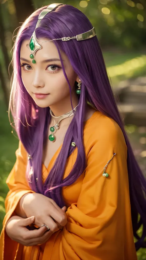  a mysterious female character 、 has long purple hair and a calm expression 。 has a silver headband with jewels on her forehead 、 and has green gemstone decorations on her neck and waist 。Wearing an orange and yellow robe、She wears sandals 、 Overall it fee...