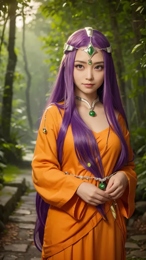 a mysterious female character 、 has long purple hair and a calm expression 。 has a silver headband with jewels on her forehead 、 and has green gemstone decorations on her neck and waist 。Wearing an orange and yellow robe、She wears sandals 、 Overall it fee...