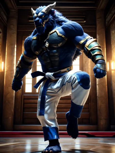 (((Barefoot furry character, full body, cinematic setting, furry male, plantigrade))) (((Beast from X-Man))), athletic, (((wears long white pants))), (((performs karate kick))), blue fur on entire body BREAK, detailed background, 8K, (masterpiece:1.5), int...