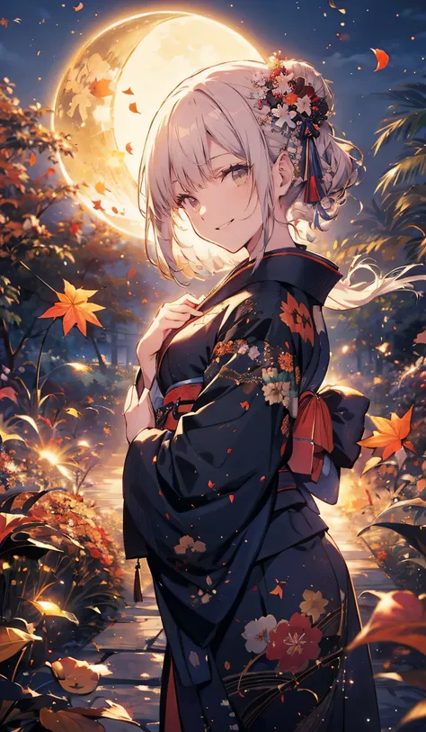 ((kimono,smile,night)),beautiful,  best quality,Beauty,smile,The moonlight shines in,garden,smile, fall leaves for vaginal discharge ,Woman looking at me and smiling,Autumn leaves falling,