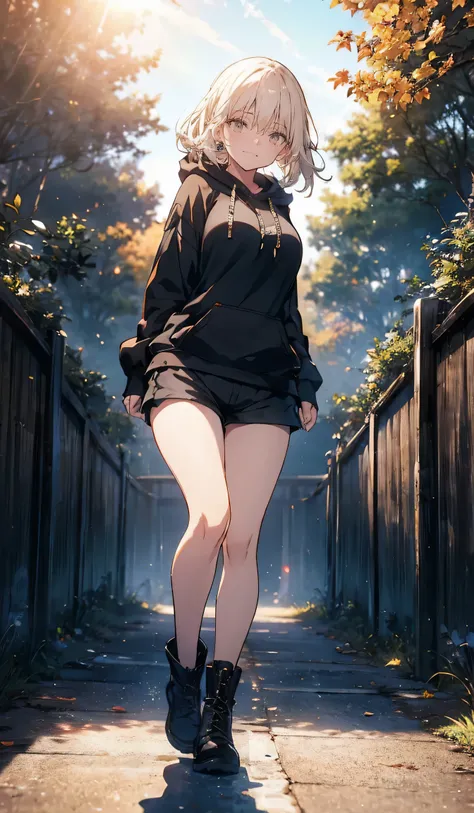 (( shorts ,Big Breasts, black hoodie,満面のsmile)),beautiful, masterpiece,  best quality,Beauty,  viewers,smile, with sunlight , Park path , military boots , standing ,smile