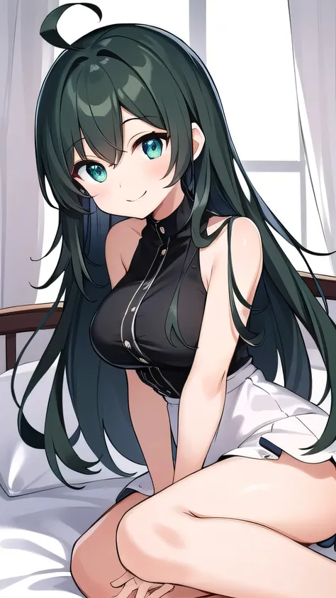 Junior high school student who looks like an elementary school student, , very short, 140 cm tall, black hair with a slight green tinge, short ahoge, beautiful long hair but with a little hair sticking out, beautiful round eyes, blue eyes, smile, boyish, b...