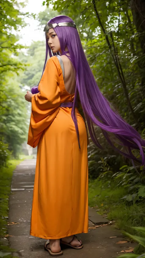  a mysterious female character 、 has long purple hair and a calm expression 。Im looking back、back、Wearing an orange and yellow robe、She wears sandals 、 Overall it feels like a fortune teller or wizard、forest、Please dont face me