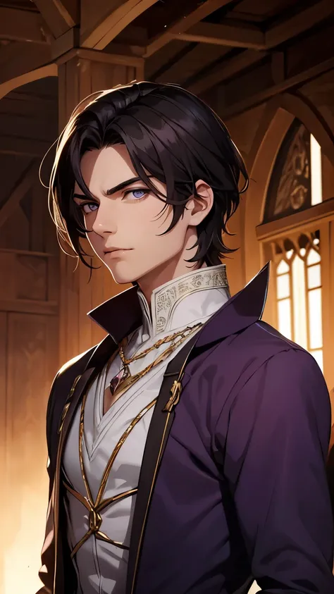  young man with short dark hair , straight hair, with amethyst eyes ,  medieval prince knight clothes,  beautiful face, arrogant gaze