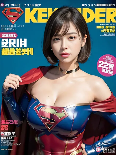 masterpiece、 latex supergirl costume 、 Off Shoulder 、Ultra short hair、 big, rich breasts、 sweaty and shiny skin 、Look directly into the camera、 choker、Provocative cleavage、 Long Sleeve 、Cape、A voluptuous body、Shot in studio、Sexy pose with a straight-forwar...