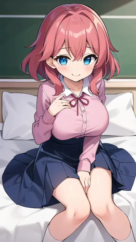 Big breasts, red hair, blue eyes, droopy eyes, pink shirt and open, long sleeves, navy skirt, super big breasts, (medium hair: 1), baggy clothes, elementary student, young face, short height, , old, shy Agari, smiling a shirt in the classroom, white shirt,...