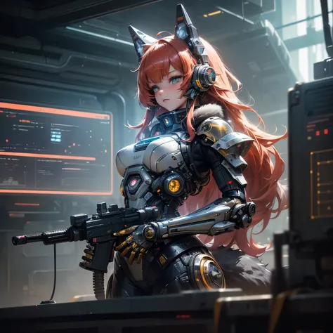 Automaton girl , (best quality), highly detailed,  ultra-detailed , A girl lolita , (mechanicalasas:golden, glowing eyes :blue, goldenrarmor:1.2, hairy ears:0.8, red-haired), furry tail, (cyberpunkcity:1.5,  holding a biological stun blaster),(Futuristic c...