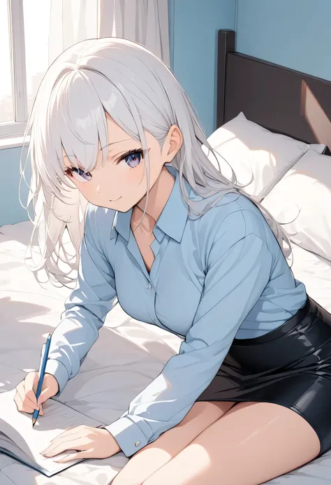 Anime girl with pencil skirt, white hair sitting on the bed