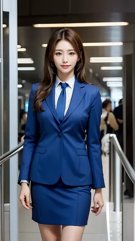 {{ mature woman , Caucasian}}, watching viewers , hazel eyes, Extremely detailed, random breasts, review, airport, Flight Attendant , uniform, Blue blazer, blue tie, blue skirt, medium skirt, Pencil Skirt , Blue High Heels , serious, 最 High Quali...