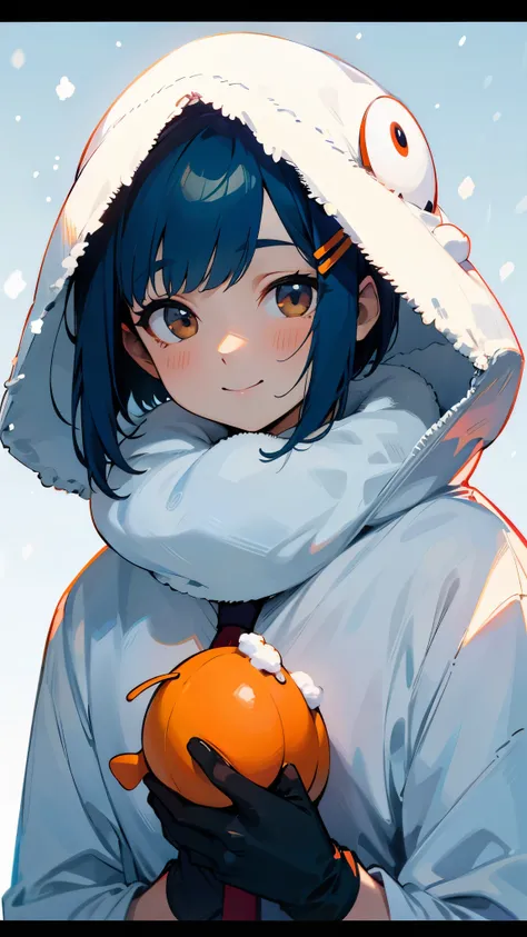 1 person、 Baby Face 、 dark blue hair 、 bob cut from the front、 jet black brown eyes 、 tie your hair with orange hair clips、smile、snow、ice、cold、Eskimo、 portrait、winter、gloves、 muffler 、 upper body、snowが積もった、 wide shot