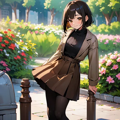 ( High Quality ,  high definition , Very detailed, reality:1.37), Peaceful atmosphere, (Outdoor, garden),  teenage girl standing alone,  Beautiful details,  cute smile with blush, (Black Bob), Ribbed sweater,Brown skirt, Black tights,  brown loafers.