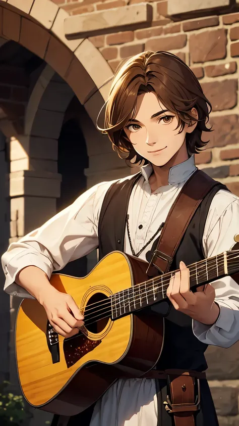  young man fair skin brown hair, short wavy hair , brown eyes,  medieval minstrel clothes , with a guitar, jovial smile