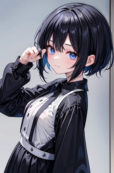 Full Black hair, blue eyes, close one eye, short hair, cute girl, not smile, black clothes, in white mansion 