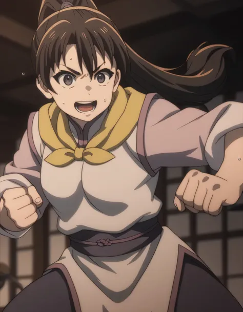 score_9, score_8_up, score_7_up, gsfghtr, multicolored robe, neckerchief, 1girl, sweating, fighting stance, smile, open mouth, d...