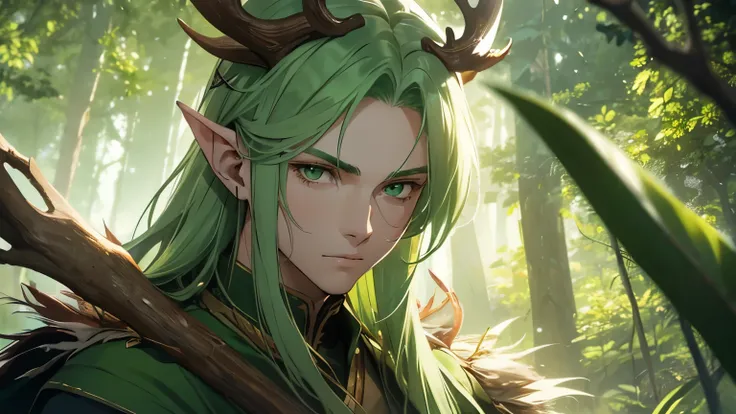  fair-skinned young man ,  long, smooth green hair ,  green eyes,  dressed in Druid tunics,  pointed ears ,  elk antlers on his head ,  beautiful face, forest deity 