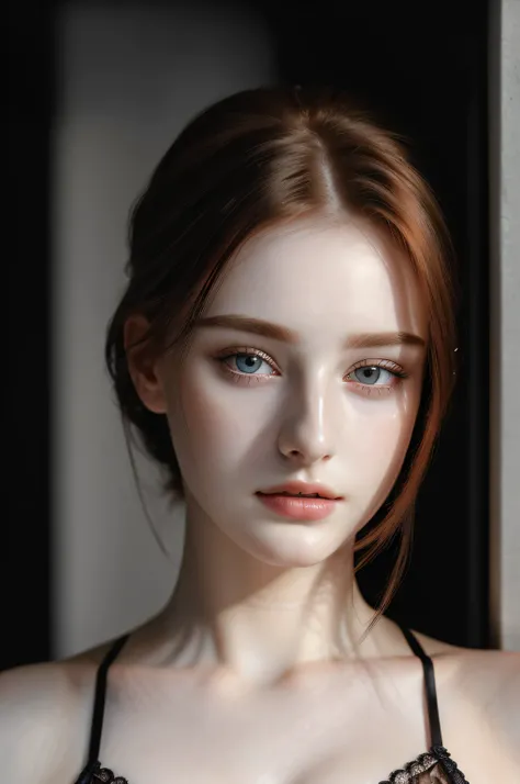 (photorealistic), best compositin, close up on face photo of a breath taking beautiful 18yo Russian supermodel, alluring expression, symmetric face, slightly curvy (ginger) hair, neat and ordery hair, pale skin, natural facial skin without make-up, k pop, ...