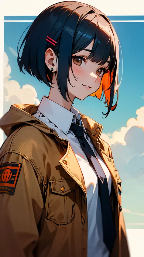  one girl 、Lonely、 dark blue hair 、 bob cut from the front、 jet black brown eyes 、 tie your hair with orange hair clips、smile、 upper body close-up、 jewelry、 earrings for a woman alone、 jacket、Look to the side、denim、denim  jacket、Shut up、cloud、null、null、 an...