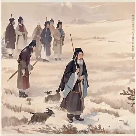  a painting of a man holding a stick in a snowy field on a vast prairie, by Gu Kaizhi, by Fu Baoshi, Wang Shimin, by Sheng Maoye, Inspired by Fu Baoshi,  Inspired by Wu Daozi , author：Qiandu, By Guan Daosheng, by Chen Hongshou, By Wang Hui, Inspired by She...