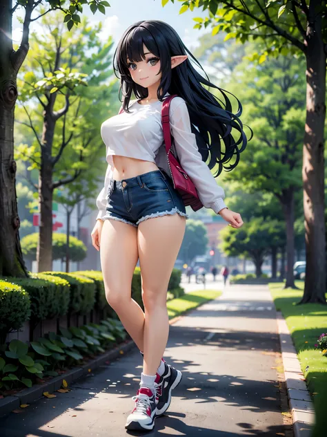 realistic image, detailed image, coherent image, 1 beautiful elf, she has very long hair, black hair, brown eyes, smiling expression. She is wearing a small t-shirt, with a long-sleeved sweatshirt, showing her navel, ripped shorts, sneakers, She has a curv...