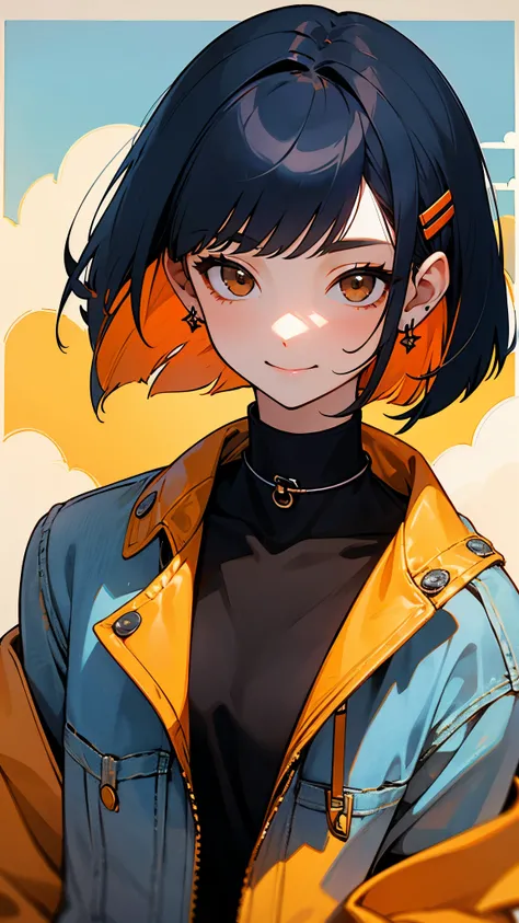  one girl 、Lonely、 dark blue hair 、 bob cut from the front、 jet black brown eyes 、 tie your hair with orange hair clips、smile、 upper body、 jewelry、 earrings for a woman alone、 jacket、Look to the side、denim、denim  jacket、Shut up、cloud、null、null、 and look aw...