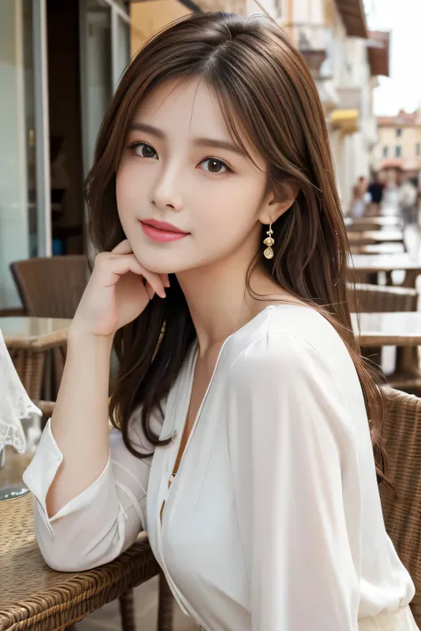 masterpiece、 best quality、Genuine、 very detailed、Subtle details、 high definition 、8k wallpaper、Beautiful woman、Wear a nice blouse、 on a nice cafe terrace、noon、Light brown messy hair、 perfect dynamic composition with captivating poses、 beautiful beautiful eyes、nice big earrings、