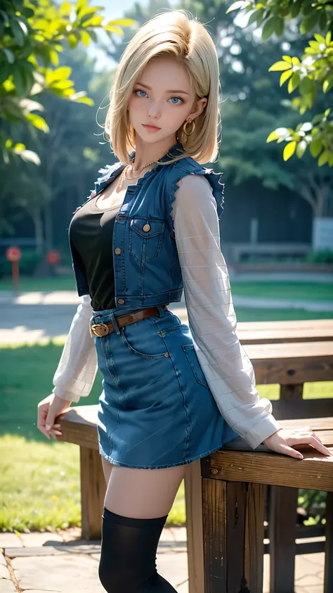 Android 18, Light Blonde hair, Medium hair shaggy cut for women, Blue Transparent eyes of Slavic Caucasians, She has sexy double eyelids above and below her eyes, The flash in the eyeballs is brilliant, She is not wearing any jewelry such as a necklace aro...