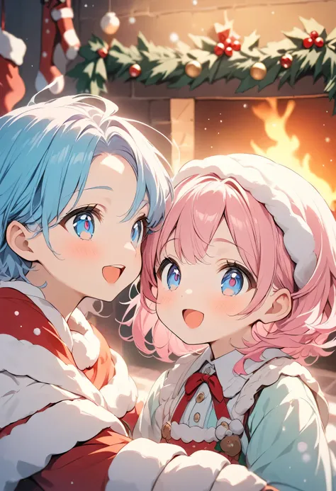  best quality、 high definition 、(High image quality:1.2)、masterpiece、 detailed background、( detailed eyes :1.2)、Teenage beauty、 brightly colored hair color 、 The girl and brother are overjoyed and say thank Santa、The sight of the two having fun in front of...