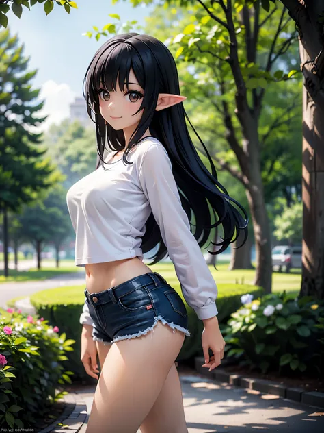 realistic image, detailed image, coherent image, 1 beautiful elf, she has very long hair, black hair, brown eyes, smiling expression. She is wearing a small t-shirt, with a long-sleeved sweatshirt, showing her navel, ripped shorts, sneakers, She has a curv...