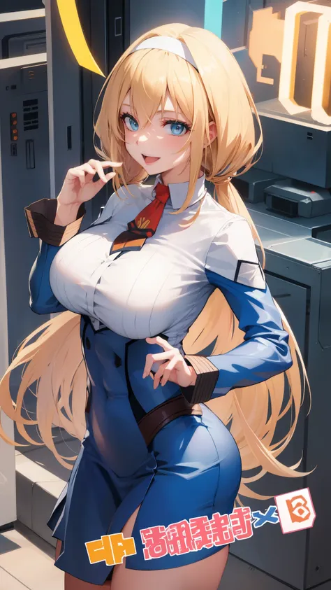 blond hair, blue eyes, open your mouth ,big breasts,,,low twintail,hair band,cowboy shot,smile