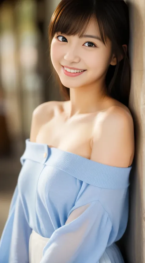 masterpiece,best quality,(Japanese girl),((Beautiful girl)),cleavage,(off shoulder:1.2),(perfect body beauty:1.2),(shy smile),From slightly above