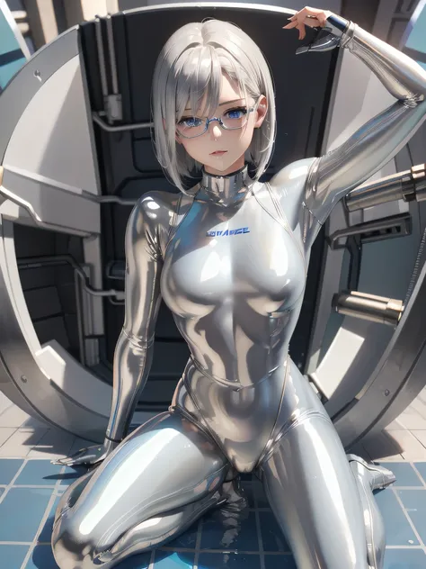 ((best quality)), ((masterpiece)), ( details), (8k), (uhd), close-up、 short hair、 blue eyes 、 silver hair、glasses、spread your le...