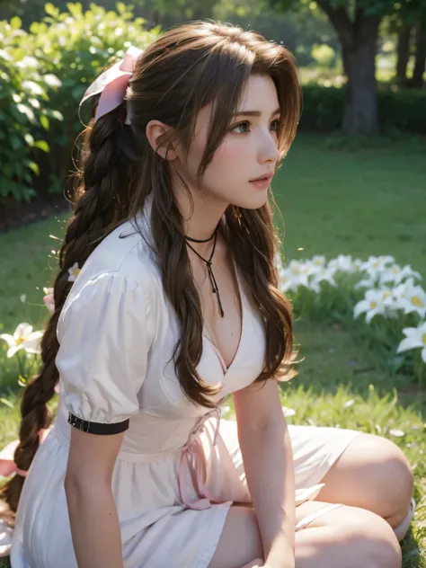 wide angle,front view, Aerith Gainsborough Final Fantasy VII remake, (masterpiece, best quality:1.4), (future days), (sit on the grass), (full of white flowers), (1girl), solo, (european youth:1), aerith gainsborough, choker, (red ballero jacket:1.0), hair...