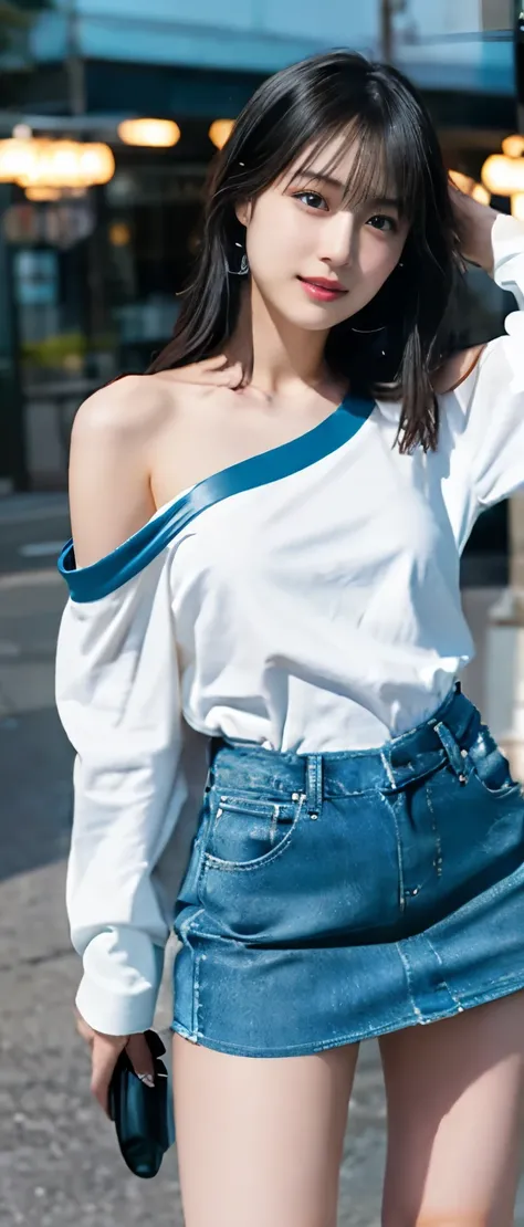 Neat Wild Idol Girl （ black hair）、whole body、　Good style、、 long thick legs 、、、shiny blue tight miniskirt、 off-shoulder white shirt exposing faded gray hair、Cool girl face、